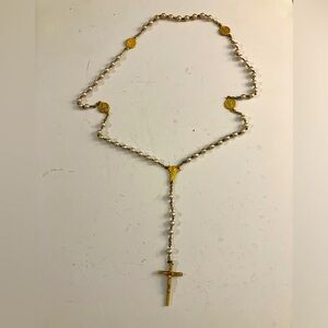 Vintage Unique Rosary Beads -White Pearl Like Beads Gold Tone Cross Marked Italy